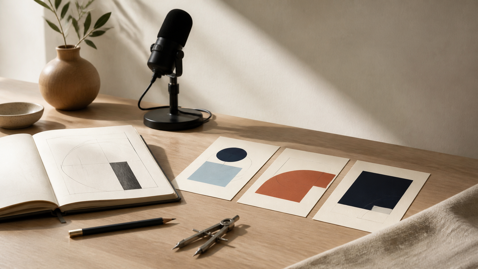 Editorial still life of a notebook, microphone, compass, and aligned cream, navy, pale-blue, and terracotta paper studies representing brand direction, teaching, and expression